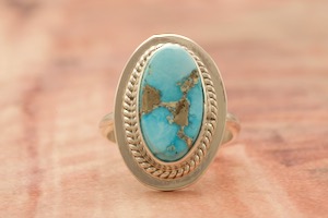 Genuine Kingman Turquoise with Iron Pyrite Matrix Sterling Silver Ring